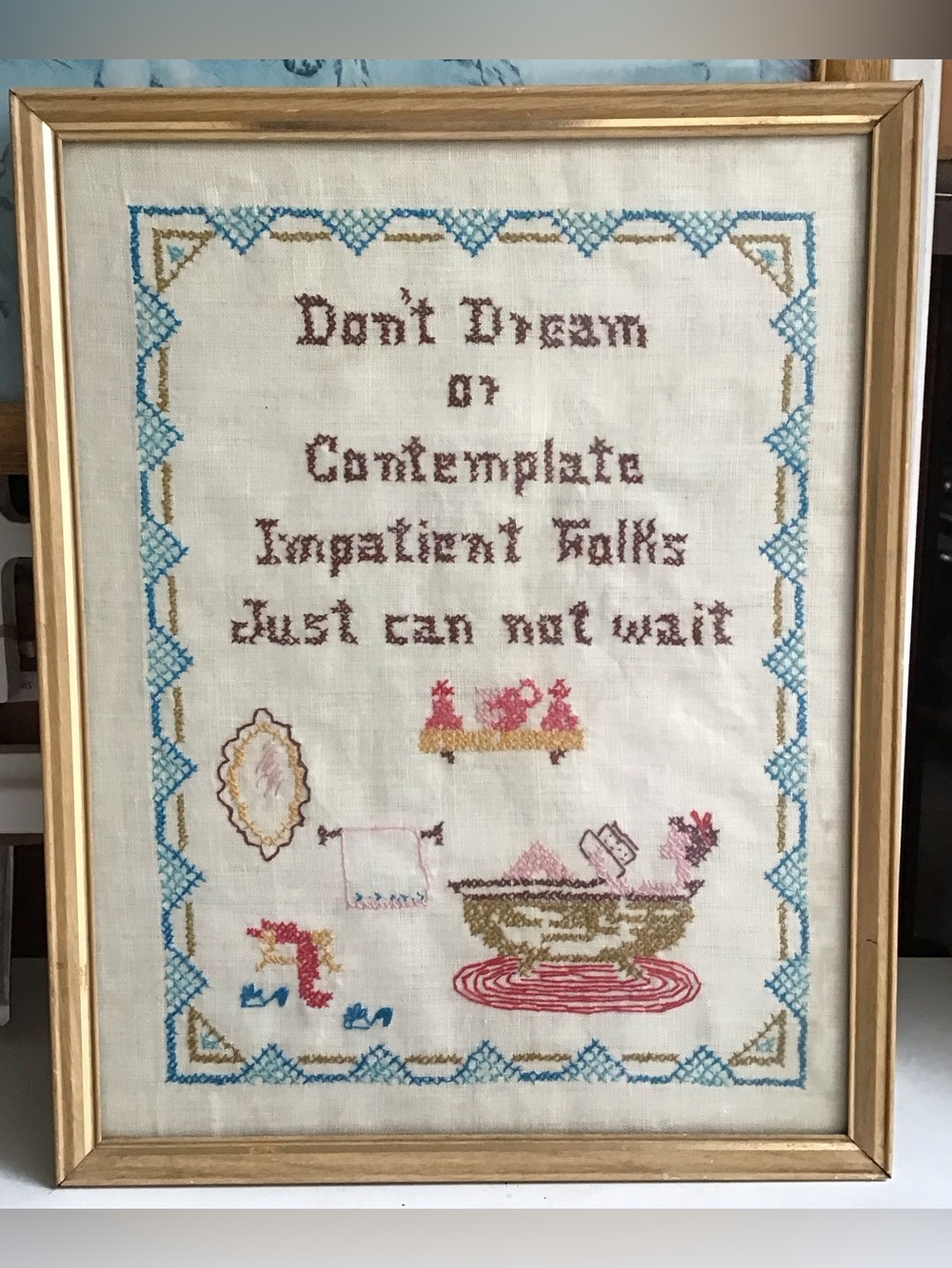 Vintage Framed Cross Stitch Bathroom Themed Wall Decor